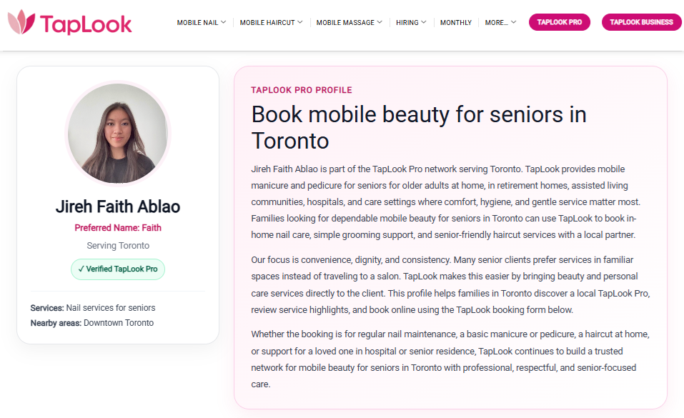 Meet Faith (Jireh Faith Ablao): A Verified TapLook Pro Delivering Gentle Mobile Nail Care for Seniors in Toronto 4 taplook faith toronto