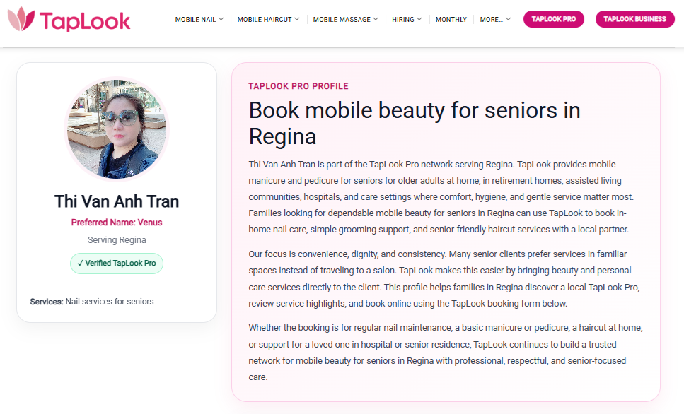 Meet Thi Van Anh Tran, Known as Venus: A TapLook Pro Nail Technician Serving Seniors in Regina 4 taplook regina venus