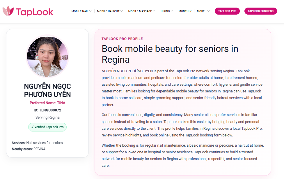 Nguyen Ngoc Phuong Uyen (Tina) – Verified TapLook Pro Providing Mobile Nail Services for Seniors in Regina 4 taplook regina tina