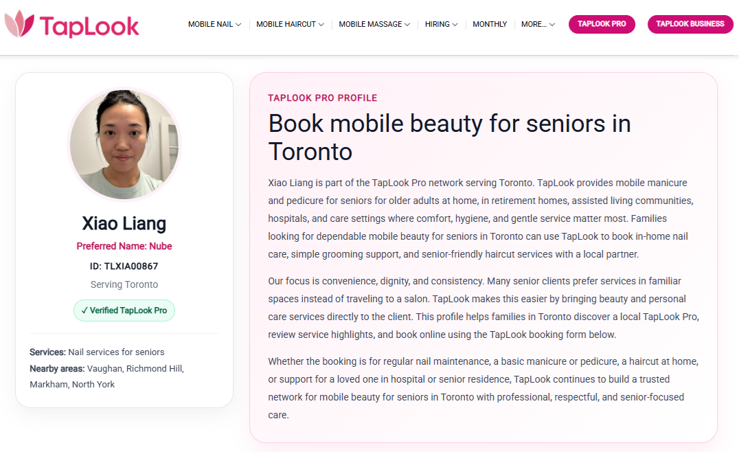 Meet Verified TapLook Pro Xiao Liang (Nube): Mobile Nail Services for Seniors in Toronto 4 taplook toronto
