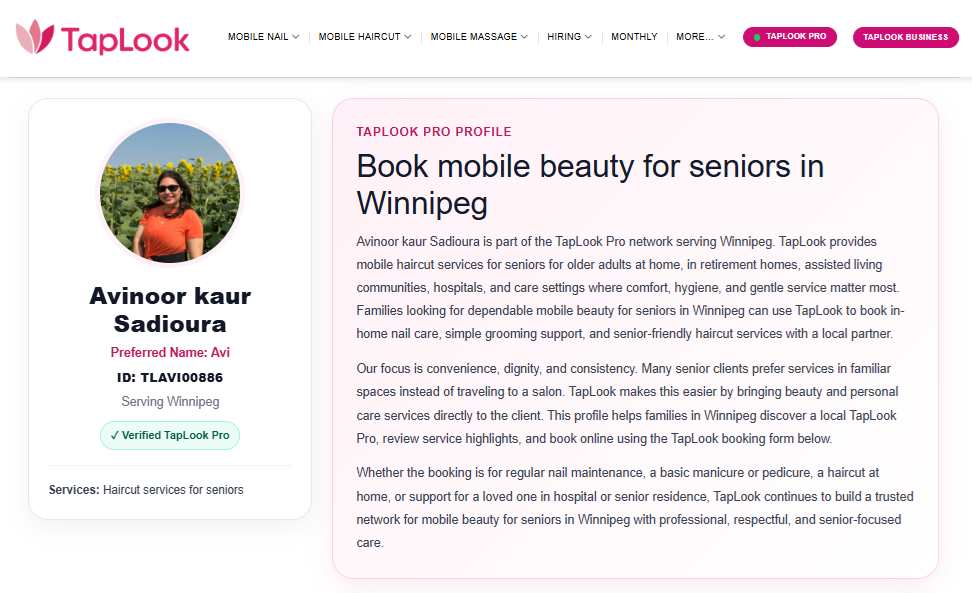 Mobile Haircut Services for Seniors in Winnipeg – TapLook Pro Avinoor Kaur Sadioura 4 taplook winnipeg avinoor 1